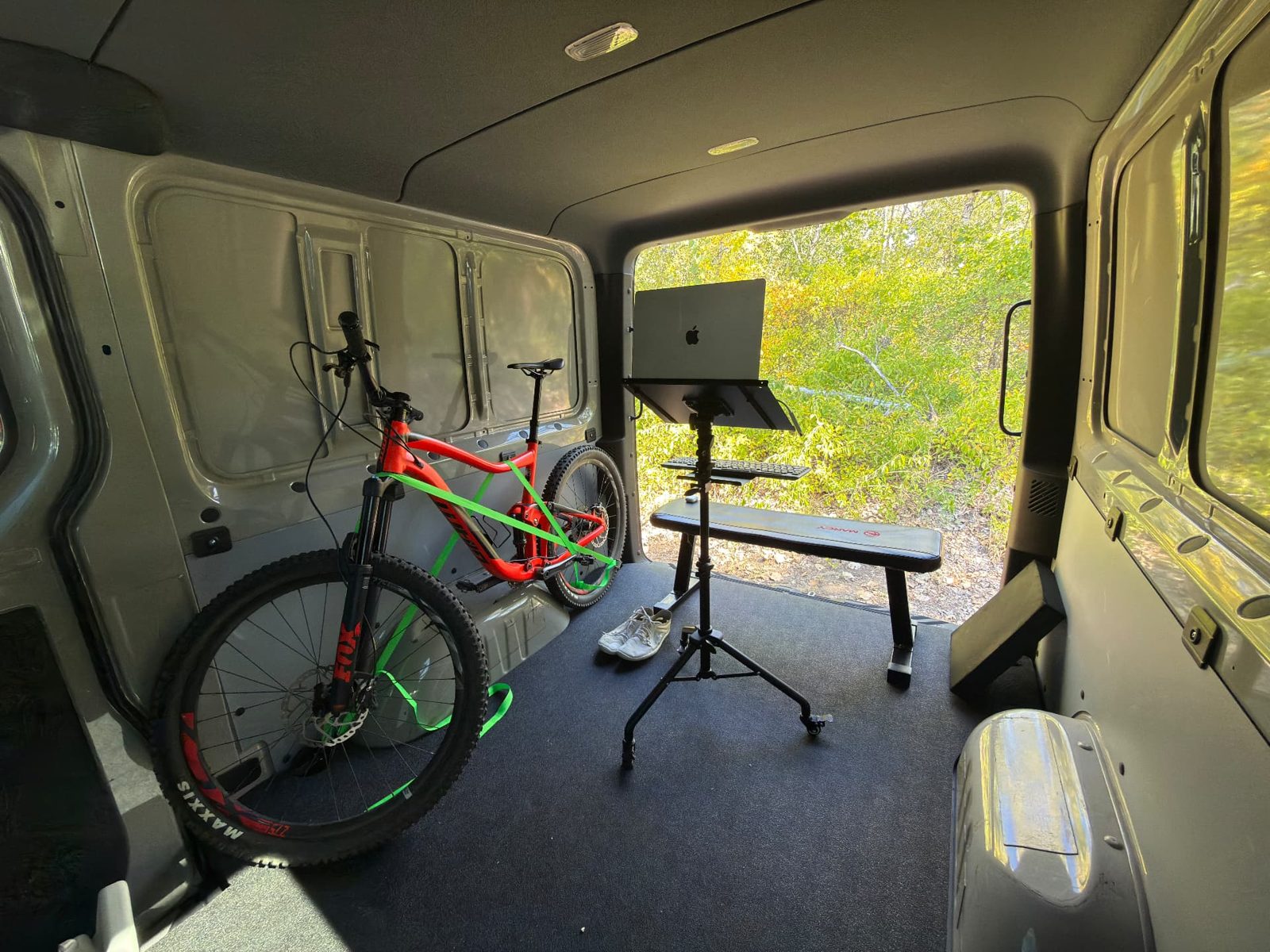 Mountain bike and workspace inside the Sprinter
